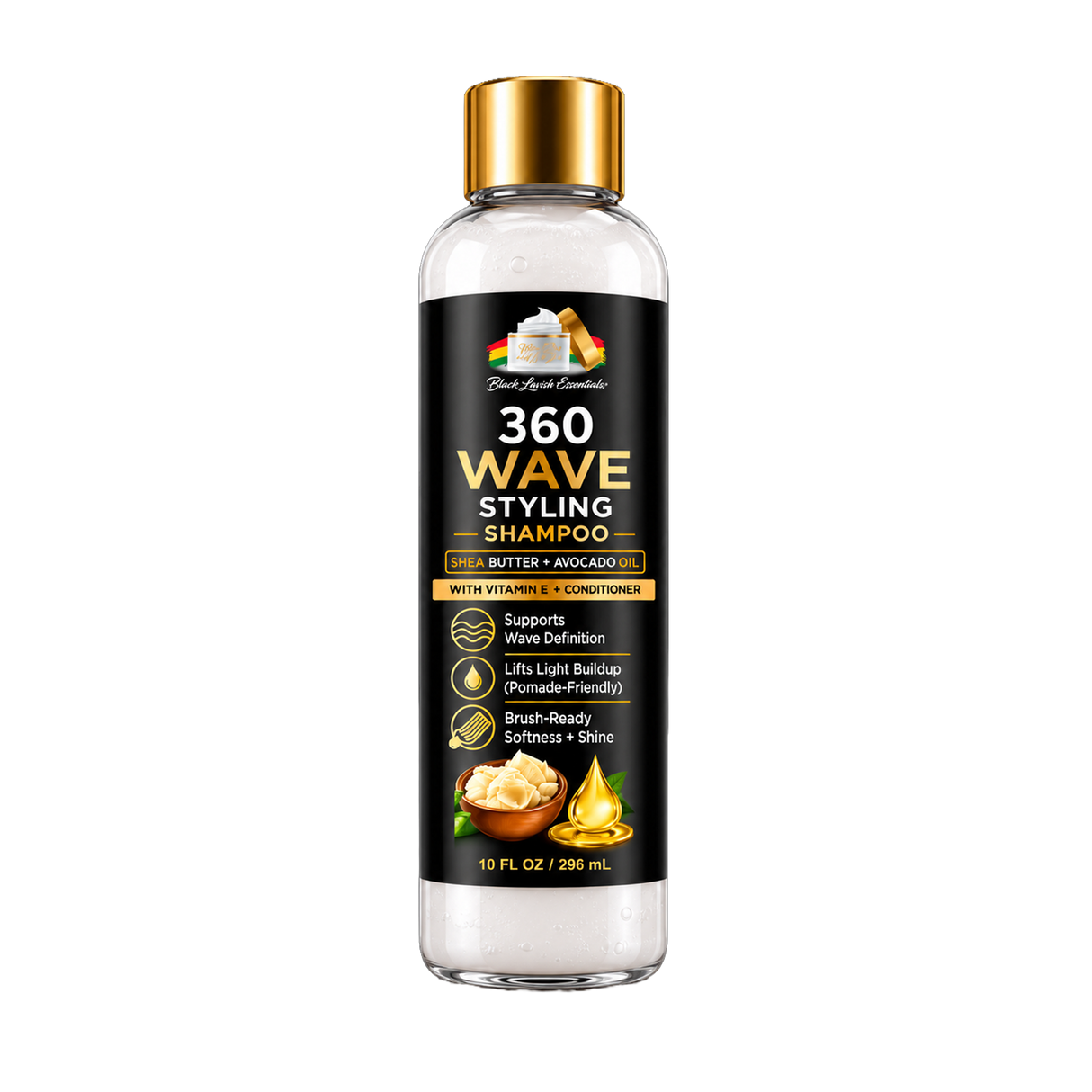 A 10 fl oz bottle of Black Lace Hairstyles 360 Wave Styling Shampoo with Butter + Avocado. The bottle is clear plastic with a shiny gold cap and a black label featuring gold and white text, with illustrations of butter and avocado.
