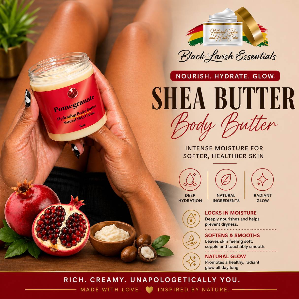 Ultra-Hydrating Body Butter<br><br>Shea Butter Infused with Golden Jojoba Oil, Argan, Rose Hip, & Aloe Vera Oil<br><br>Naturally Glowing Healthy Skin