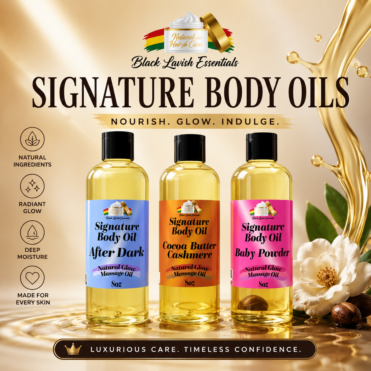 Black Lavish Essentials Signature Body Oil<br><br>Intensify Your Natural Glow <br> Dry Skin Body Oil for Deep Hydration, Illustrious Shine, & All-Day Moisture<br><br>8oz Bottle