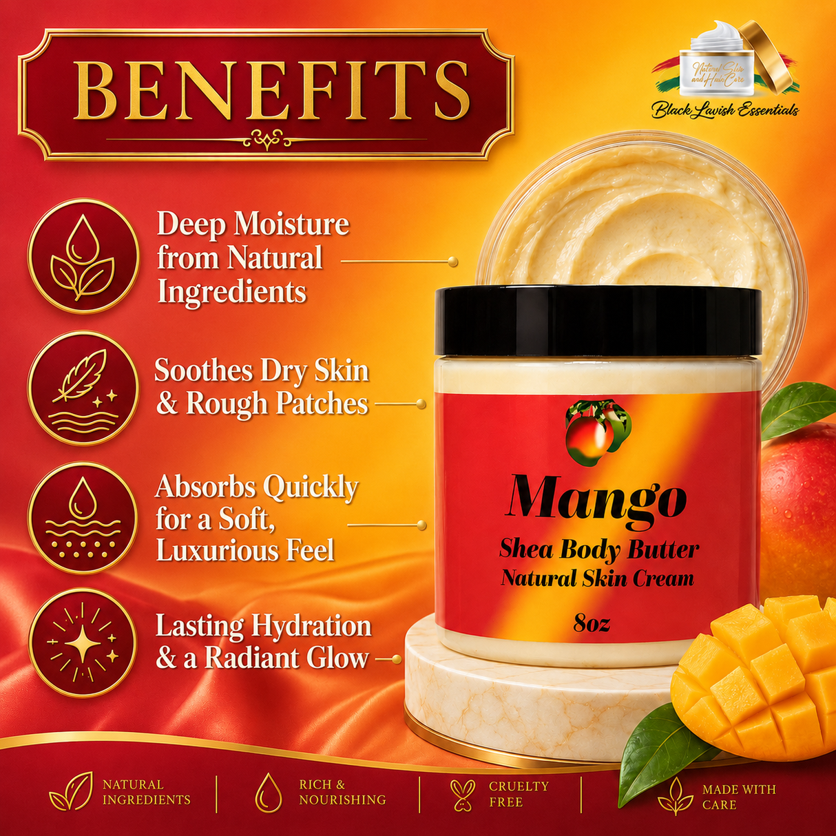Mango shea body butter with benefits listed on a vibrant background