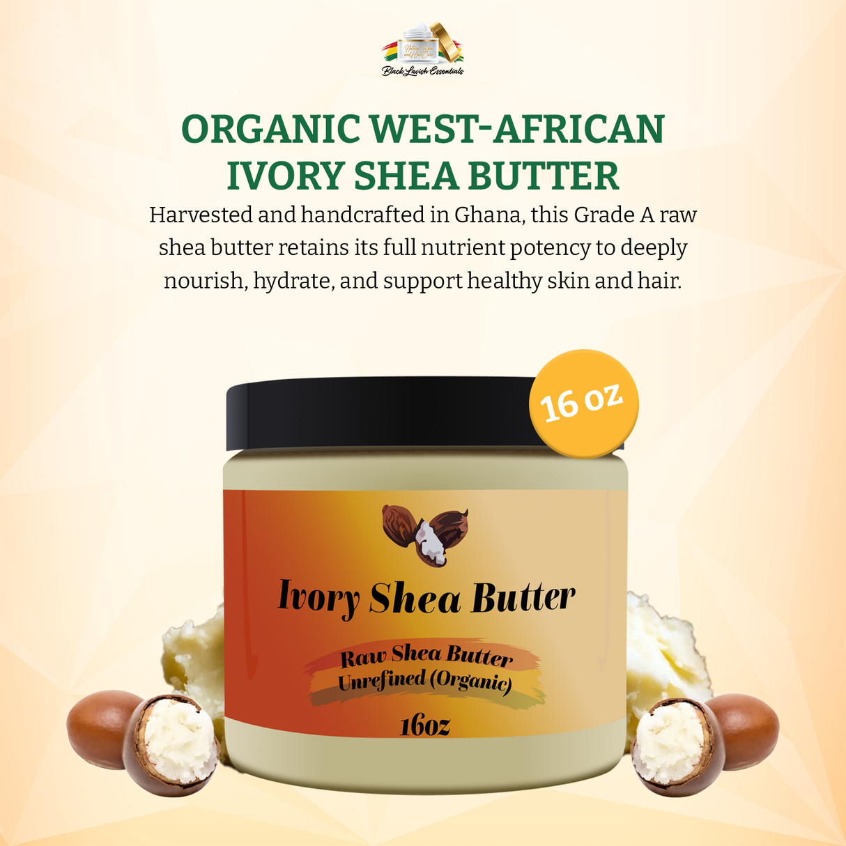 Jar of Ivory Shea Butter with text about organic West-African shea butter on a beige background
