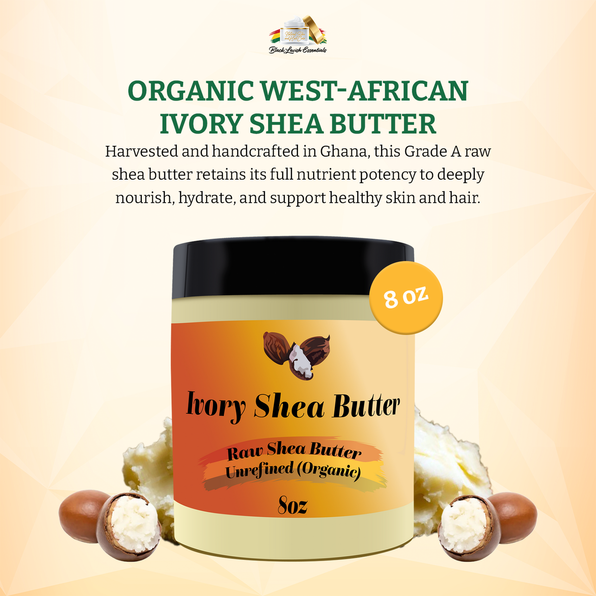 Jar of Ivory Shea Butter with text about organic West-African shea butter on a beige background