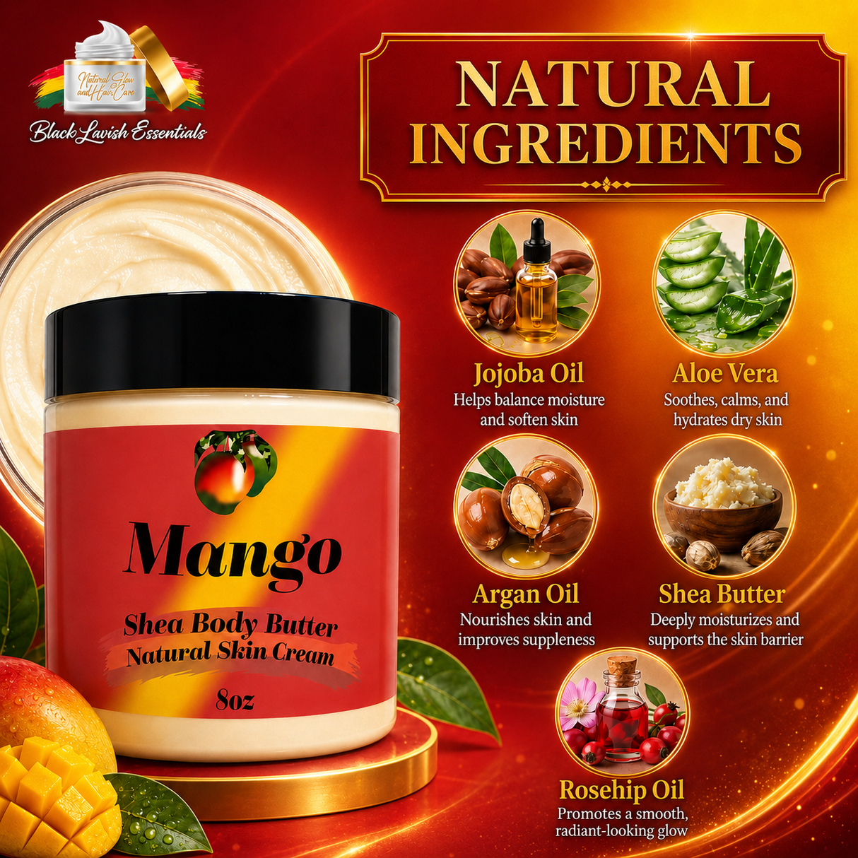 Mango shea body butter with natural ingredients on a red background