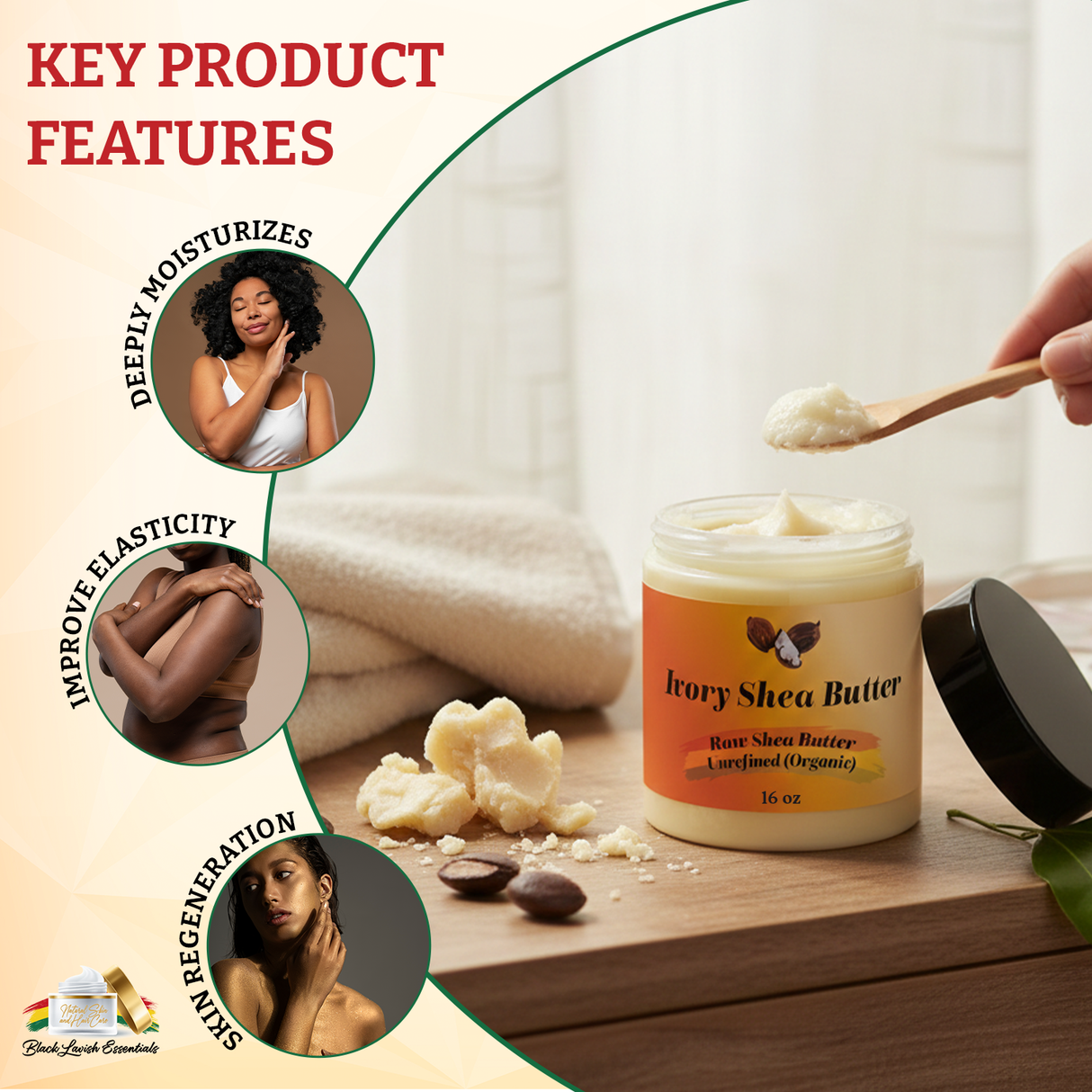 Jar of Ivory Shea Butter with shea butter and wooden spoon on a wooden surface, surrounded by key product features.
