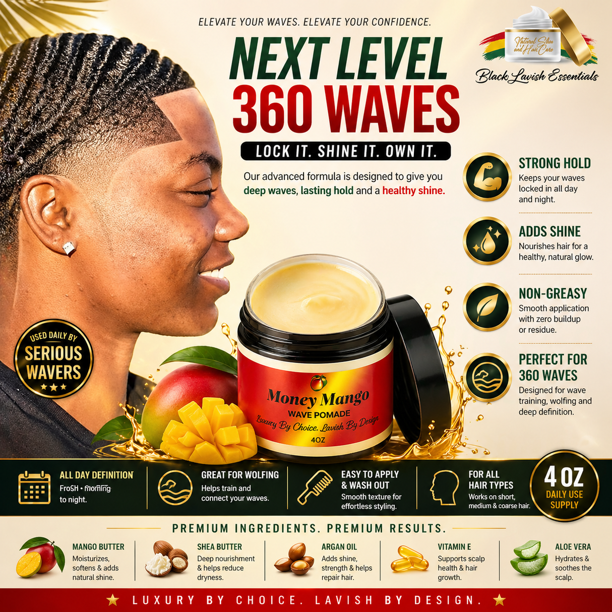 Advertisement for Money Mango Wave Pomade with product and benefits listed.