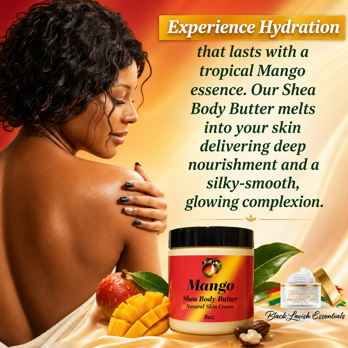 Shea body butter advertisement with a woman, mangoes, and tropical leaves on a warm background.