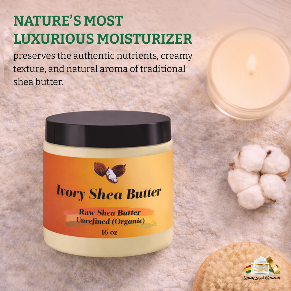 Jar of Ivory Shea Butter with text about luxurious moisturizer on a textured background.