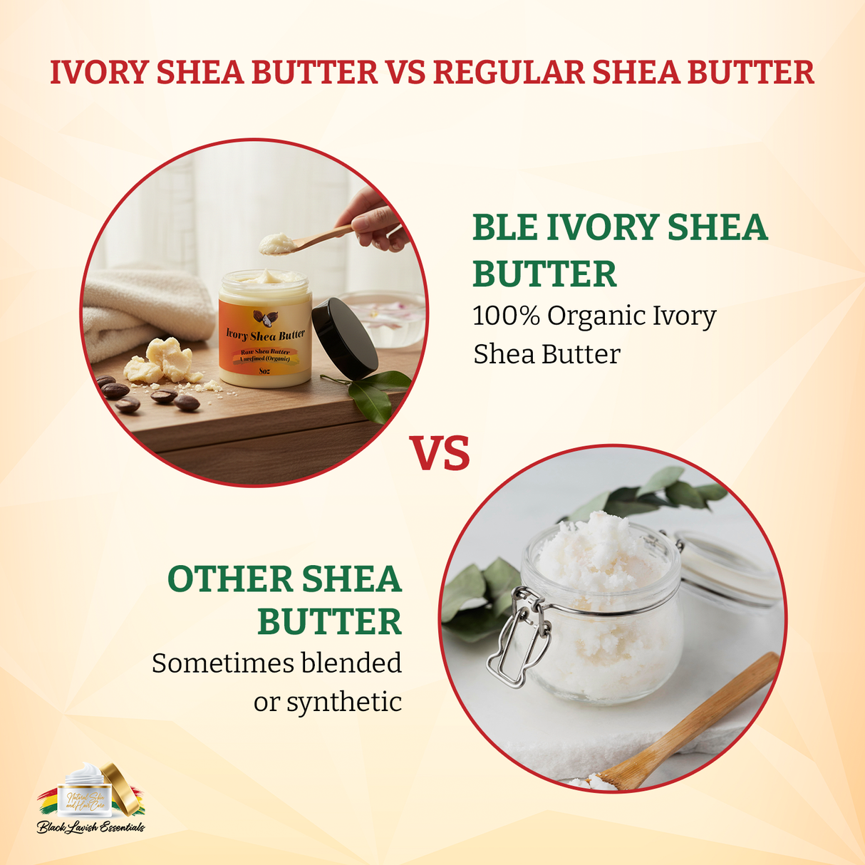 Comparison between Ivory Shea Butter and regular shea butter with text and product images.