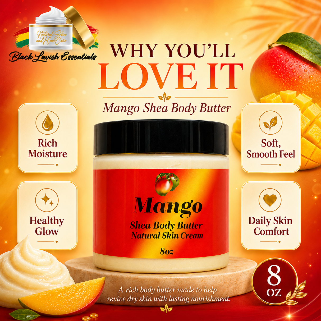 Mango Shea Body Butter with promotional text and images on a warm background