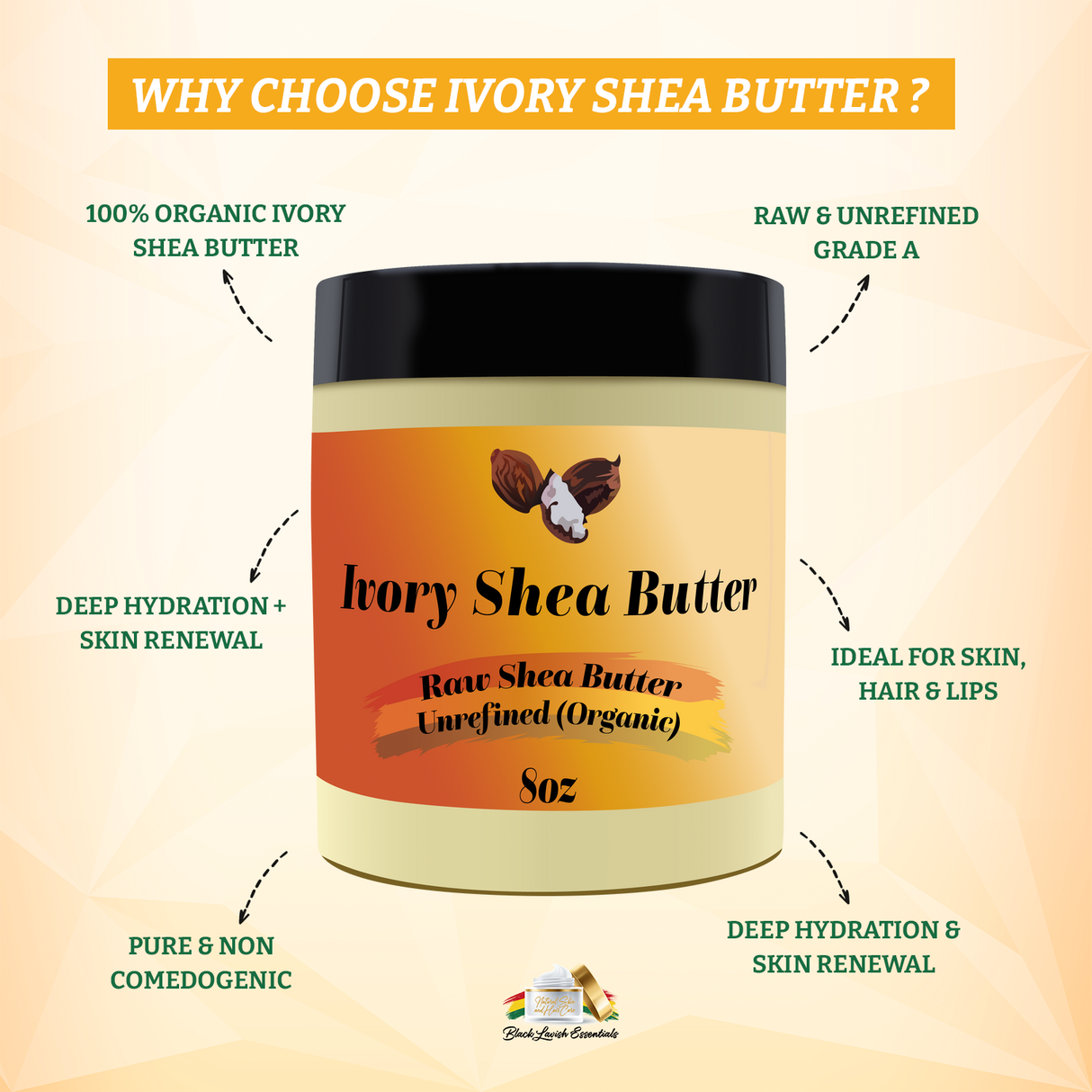 Ivory Shea Butter jar with benefits listed on a beige background