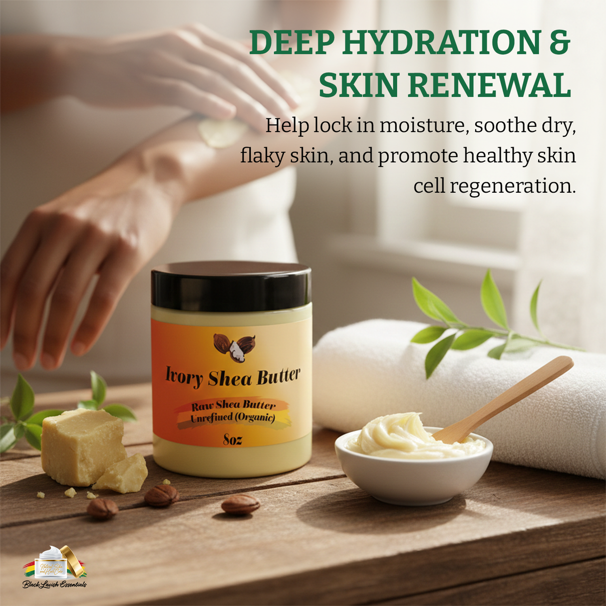 Ivory Shea Butter jar with a bowl of shea butter and text about deep hydration and skin renewal.
