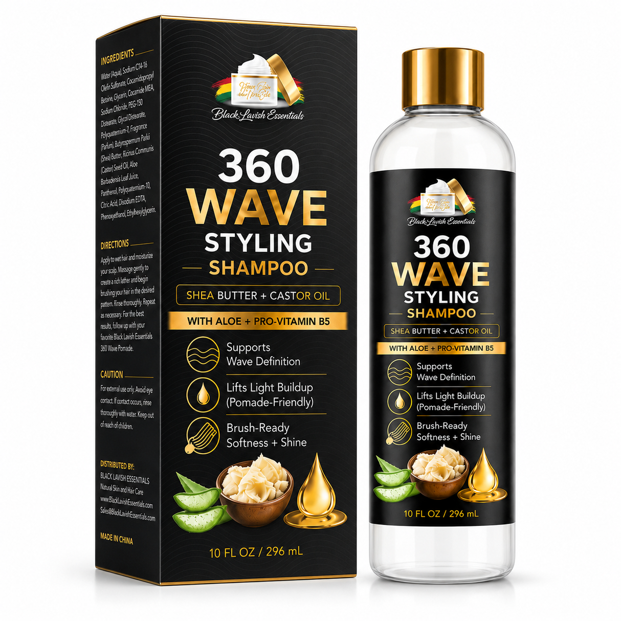 Black and gold 360 Wave Styling Shampoo bottle next to its retail box by Black Lace Essentials, featuring aloe vera and castor oil illustrations on a white background.