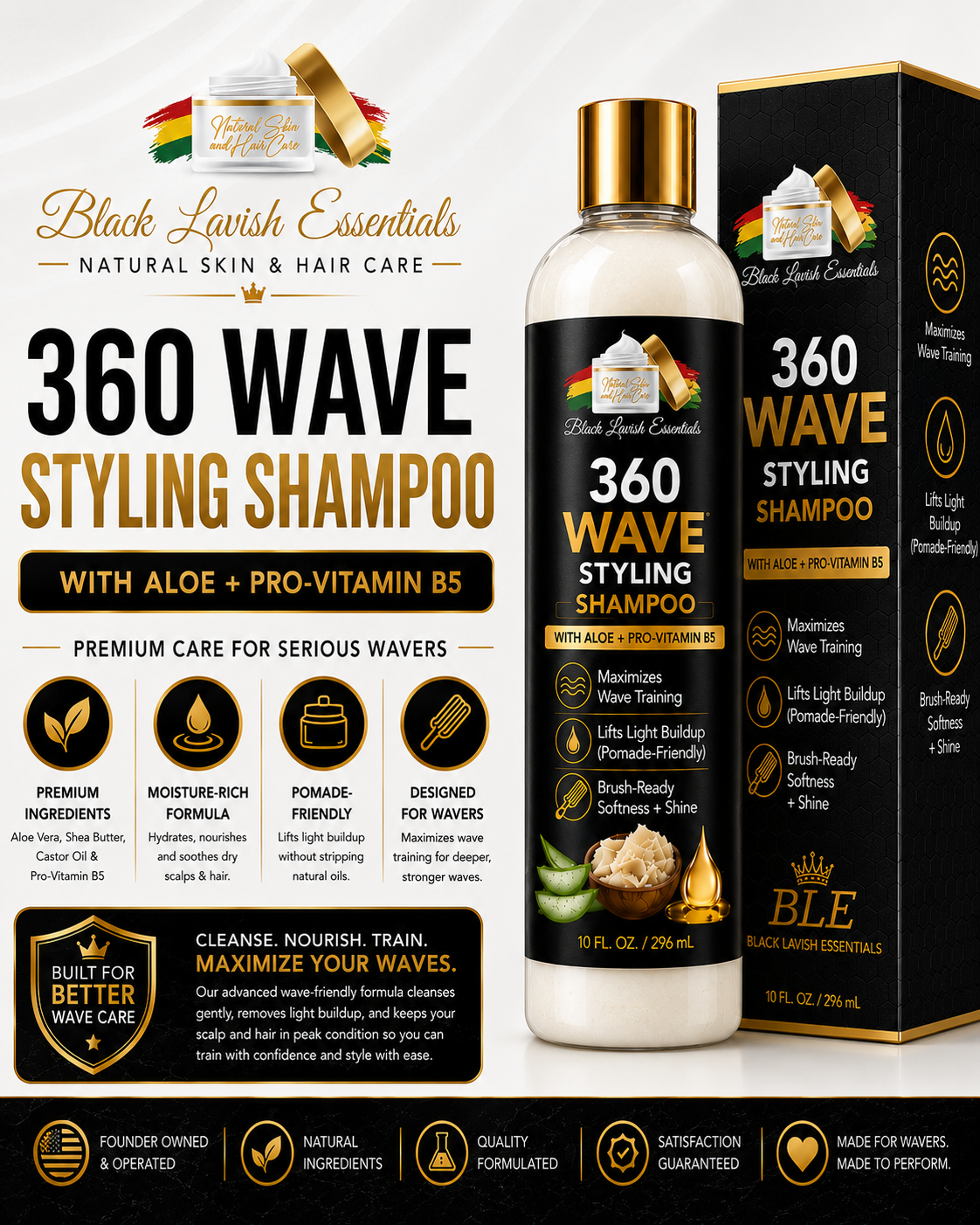 Black Lavish Essentials 360 Wave Styling Shampoo bottle and its retail box, displayed on a white background with promotional text and feature icons.