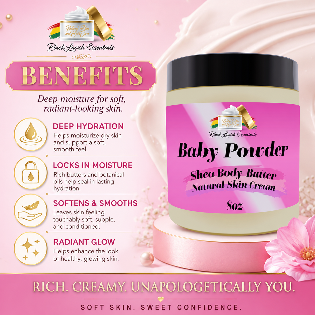 Shea body butter container with pink label on a pink background, featuring product benefits.