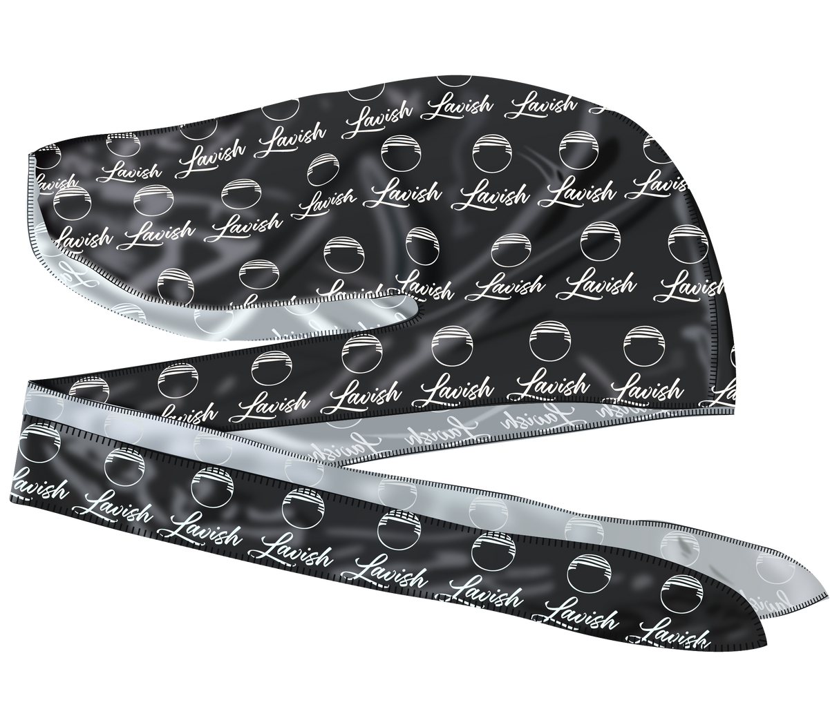 Black satin durag headband with 'Lavish' branding and white circular patterns on a white background.
Silk durag made for laying down 360 waves and drying hair after applying wave pomade and brushing.
Luxury comfort, wave protection, and timeless streetwear style.