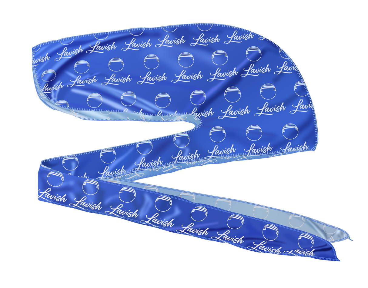 Blue satin durag with 'Lawish' branding on a white background. Silk durag made for laying down 360 waves and drying hair after applying wave pomade and brushing.
Premium royal blue silk durag with Lavish print. Protects waves, braids, and curls while adding shine and style.