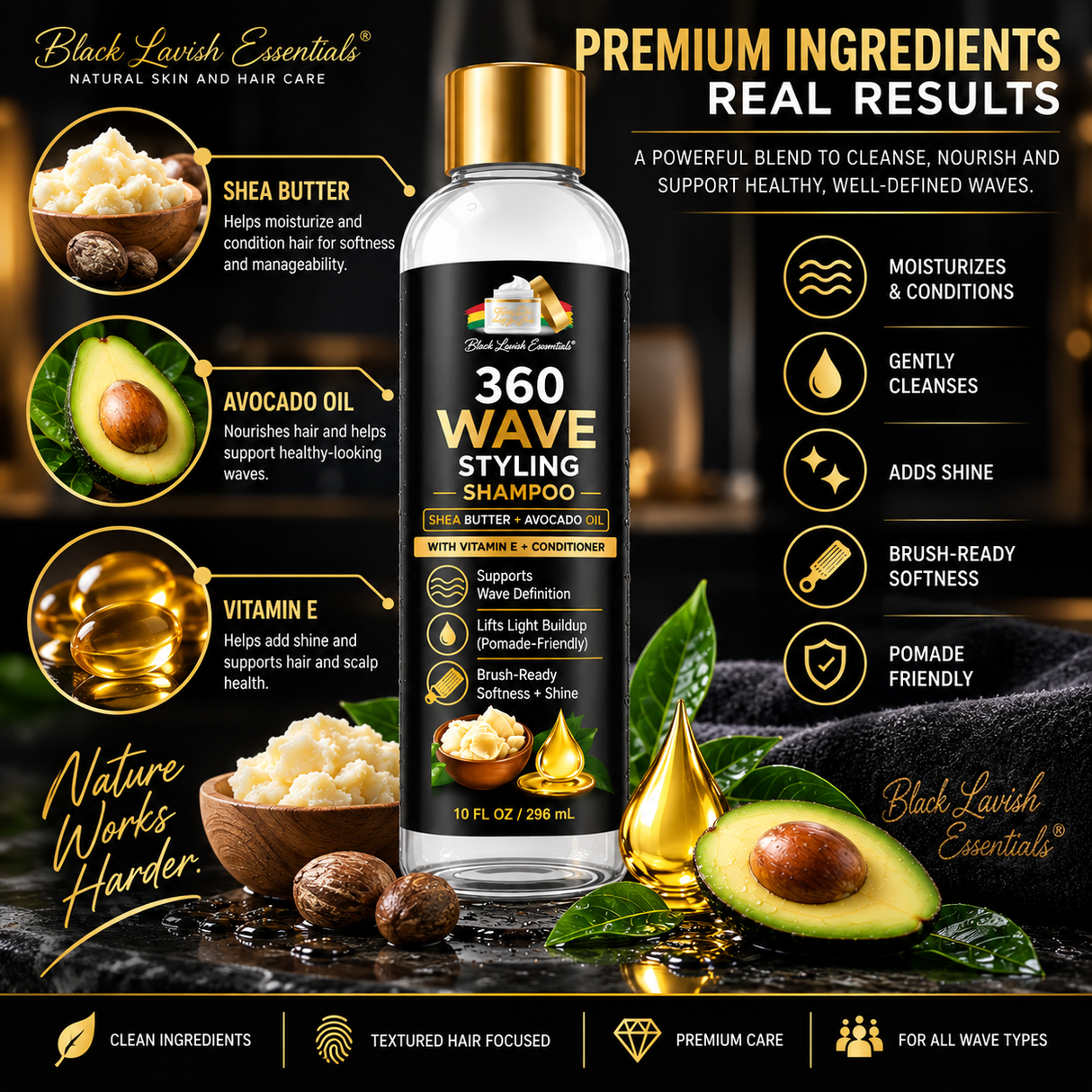 360 Wave Shampoo | Moisturizing Wave Shampoo for Men | Shea Butter, Avocado Oil & Vitamin E | 10oz