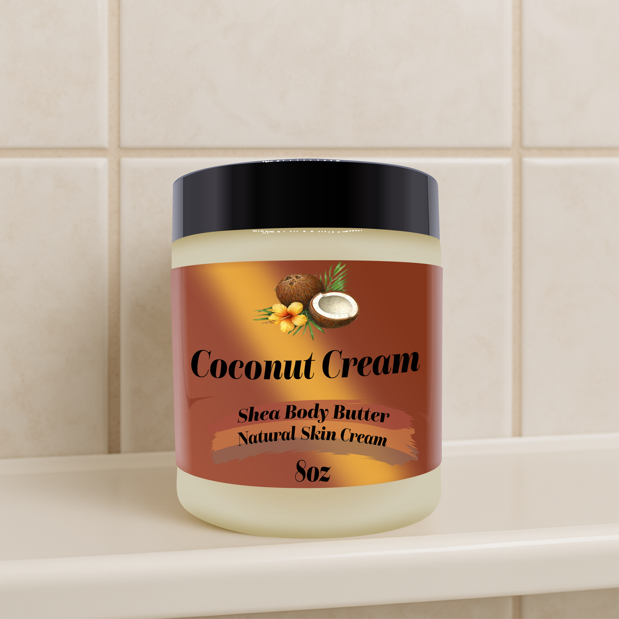 Jar of coconut cream shea body butter on a tiled bathroom shelf
