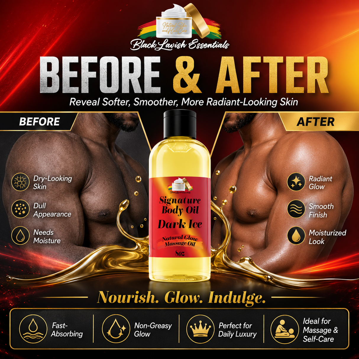 Advertisement for Black Leveish Essentials body oil showing 'Before & After' effects on skin.