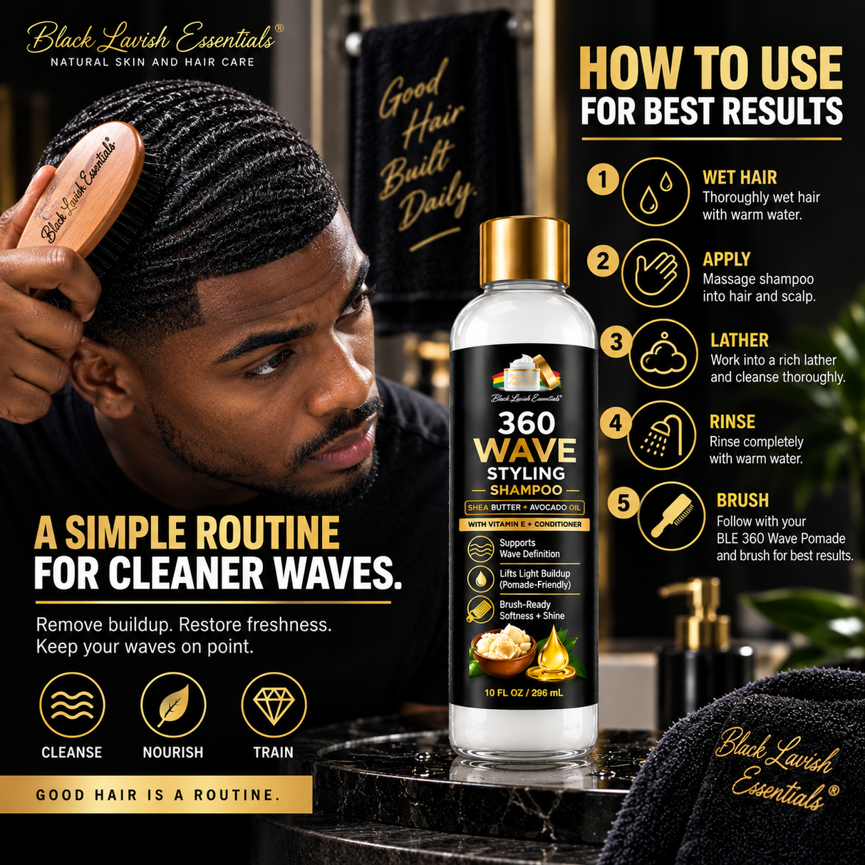 360 Wave Shampoo | Moisturizing Wave Shampoo for Men | Shea Butter, Avocado Oil & Vitamin E | 10oz