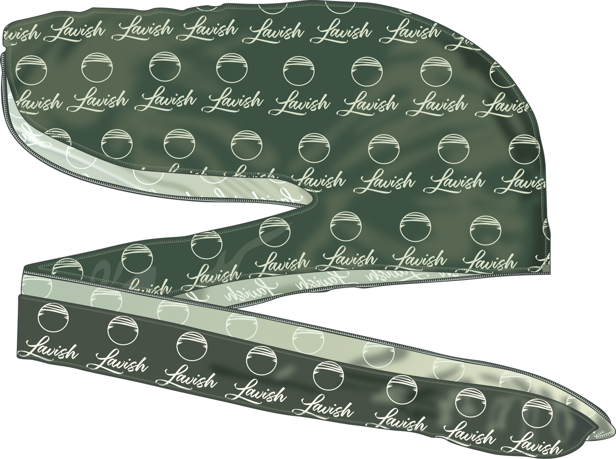 Green satin durag headband with white pattern and 'Lavish' text on a white background. Silk durag made for laying down 360 waves and drying hair after applying wave pomade and brushing.
Standout emerald green silk durag with Lavish design. Locks in moisture, protects waves, and elevates streetwear style.