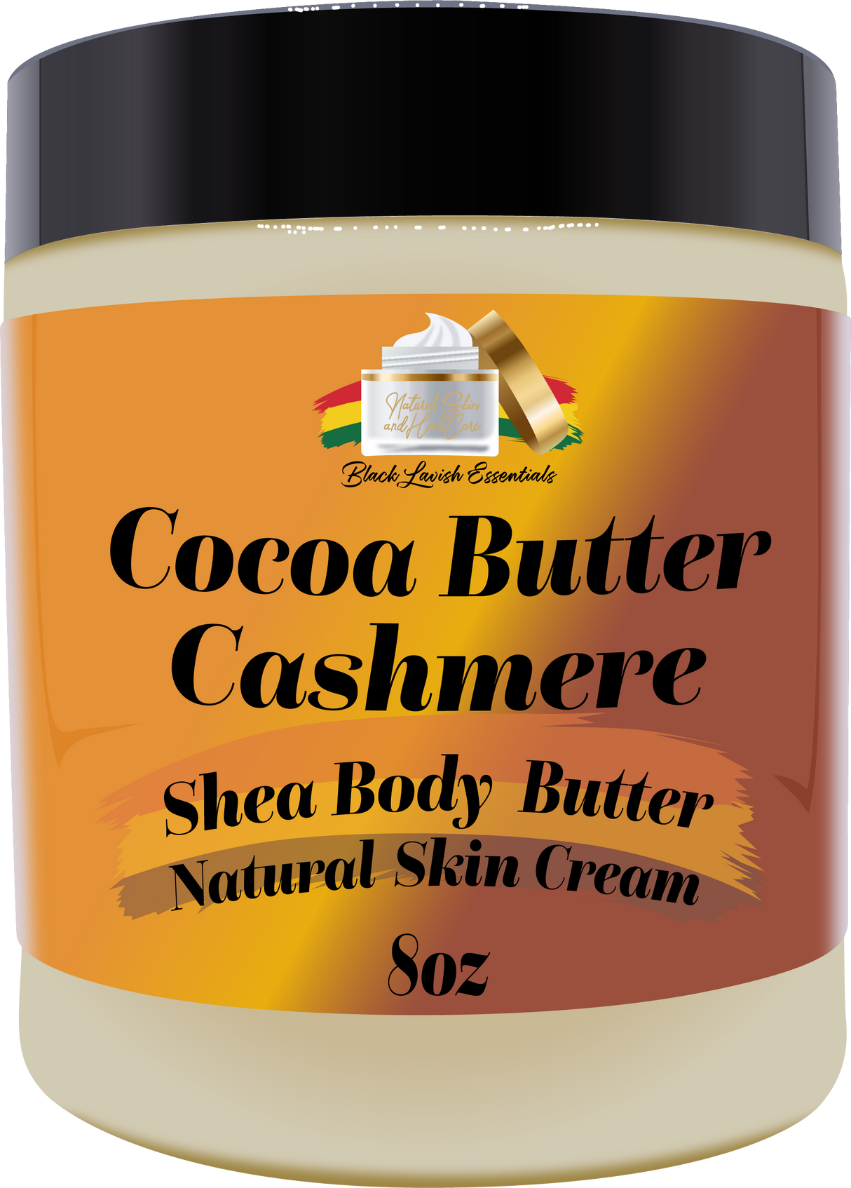 Jar of Cocoa Butter Cashmere Shea Body Butter with a black lid on an orange label.