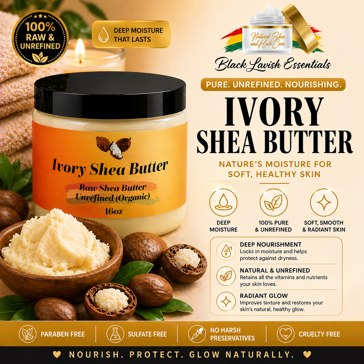 Organic Raw Shea Butter <br><br>Unrefined Grade A | West African Ivory Shea Butter <br><br>8oz & 16oz Jars
