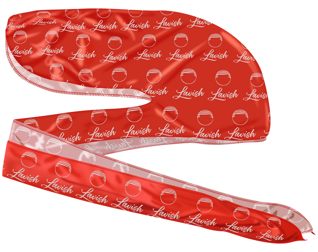 Red satin headband with 'Lavish' branding on a white background. Silk durag made for laying down 360 waves and drying hair after applying wave pomade and brushing.
Luxury red silk durag for 360 waves, braids, and curls. Premium comfort, moisture lock, and stylish Lavish design.