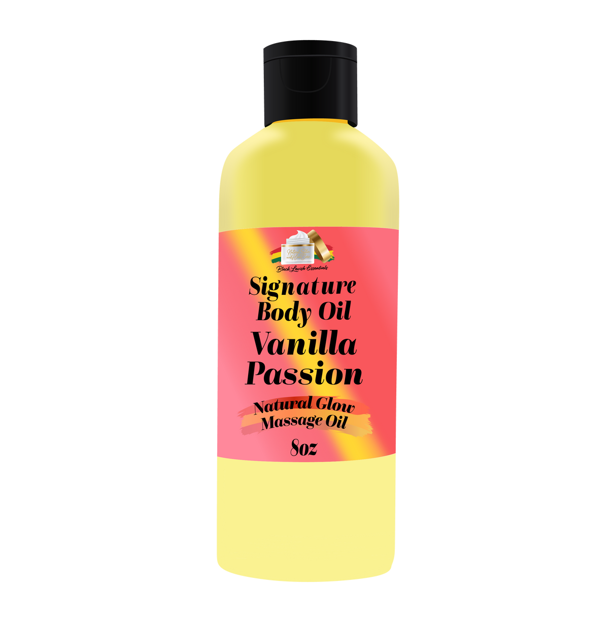 Body oil bottle with yellow label and black cap on a white background