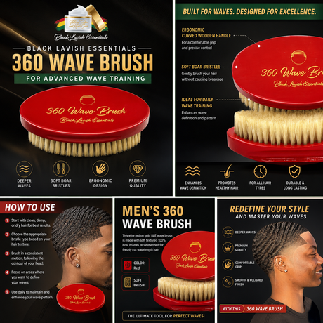 360 Wave Brush for Building Deeper Waves<br><br> Soft Brush & Medium-Hard Brush, 100% Boar Bristle