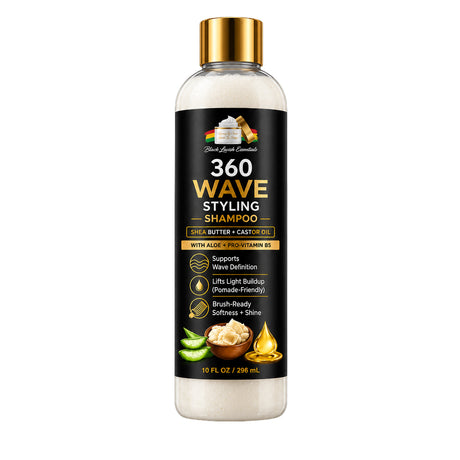 A bottle of Black Lavish Essentials Hair Conditioner 360 Wave Styling Shampoo with a black label and gold cap, shown on a plain white background.