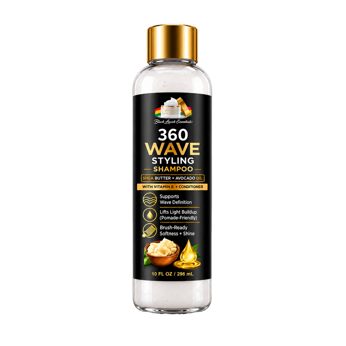 A 10 fl oz bottle of Black Lace Hairstyles 360 Wave Styling Shampoo with Butter + Avocado. The bottle is clear plastic with a shiny gold cap and a black label featuring gold and white text, with illustrations of butter and avocado.