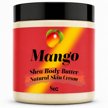 Jar of Mango Shea Body Butter with a red label and black lid on a white background