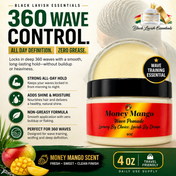 Money Mango Wave Pomade container with product details on a green background