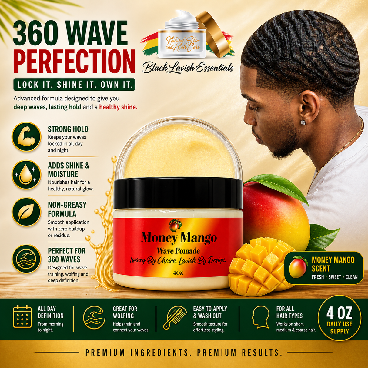 Money Mango wave pomade jar with a man looking at it, surrounded by mangoes and product details on a beige background.