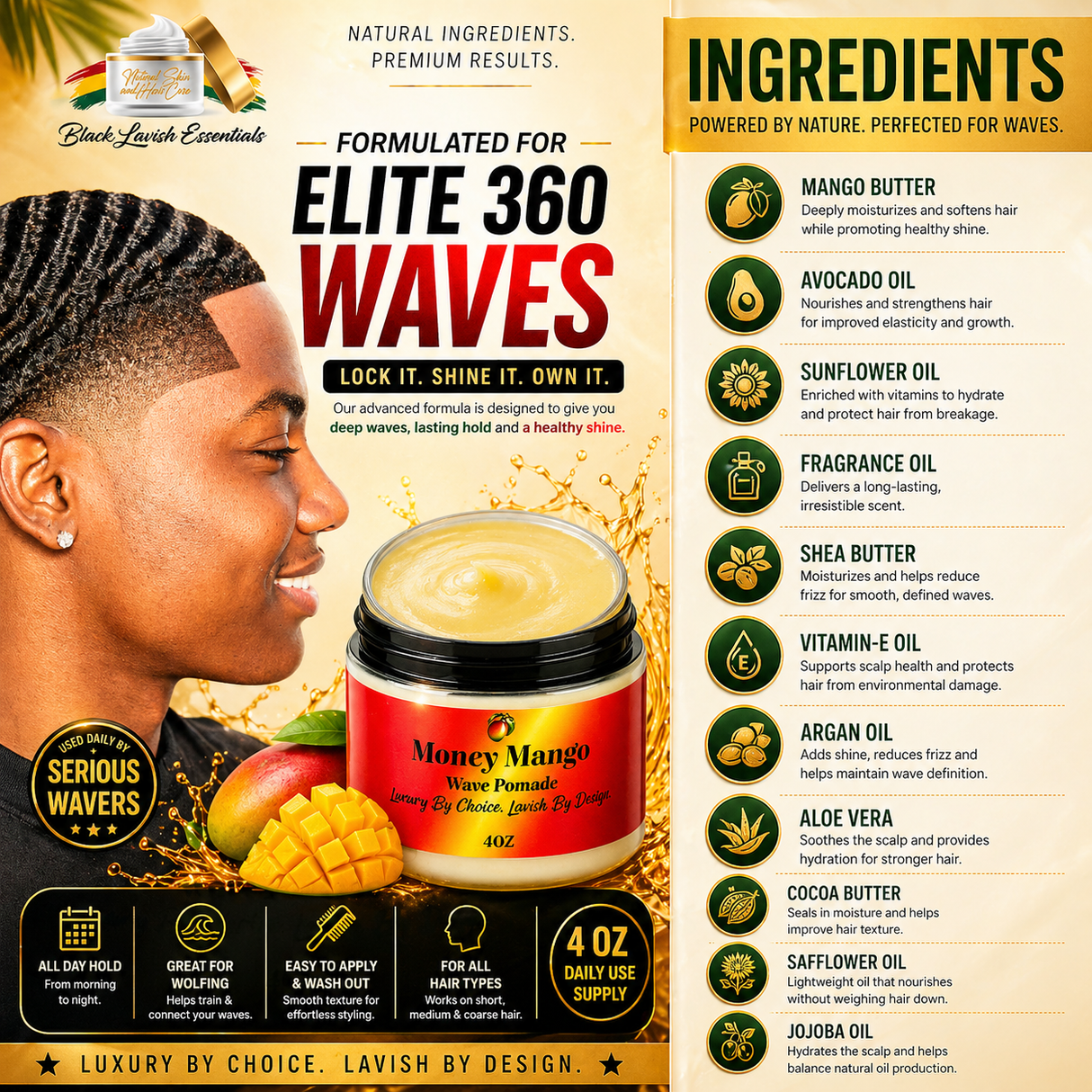 Advertisement for Money Mango Wave Pomade with product and ingredients listed.