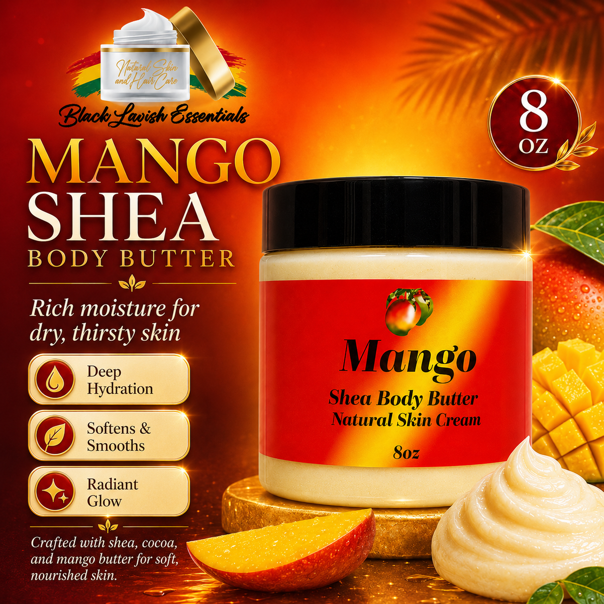 Mango Shea Body Butter jar with promotional text and images on a warm background