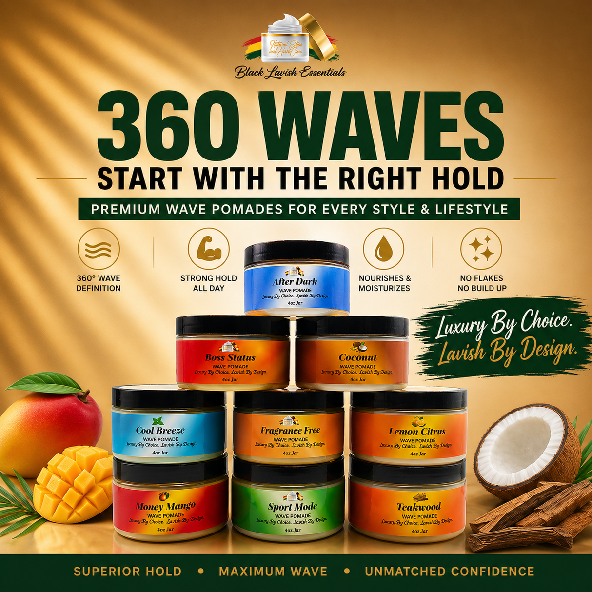 Promotional image of 360 Waves hair care products with various pomades displayed.