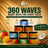 Promotional image of 360 Waves hair care products with various pomades displayed.