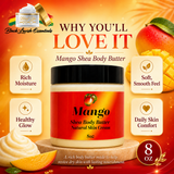 Mango Shea Body Butter with promotional text and images on a warm background