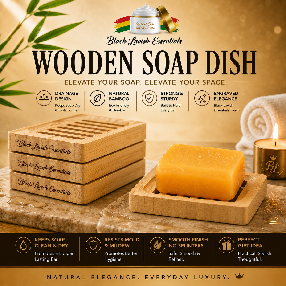 Elegant Wooden Soap Dish <br><br>BLE Signature Engraved Bar Soap Saver for Bathroom Decor <br><br> Preserves Handheld Bar Soaps