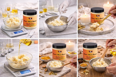 Collage of images showing the use of shea butter with a jar labeled 'Butter Shear Butter' on a table.