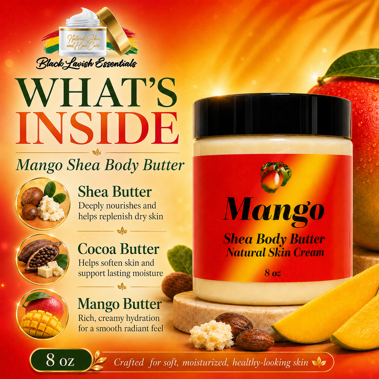 Mango Shea Body Butter container with ingredients listed on a vibrant background