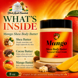 Mango Shea Body Butter container with ingredients listed on a vibrant background