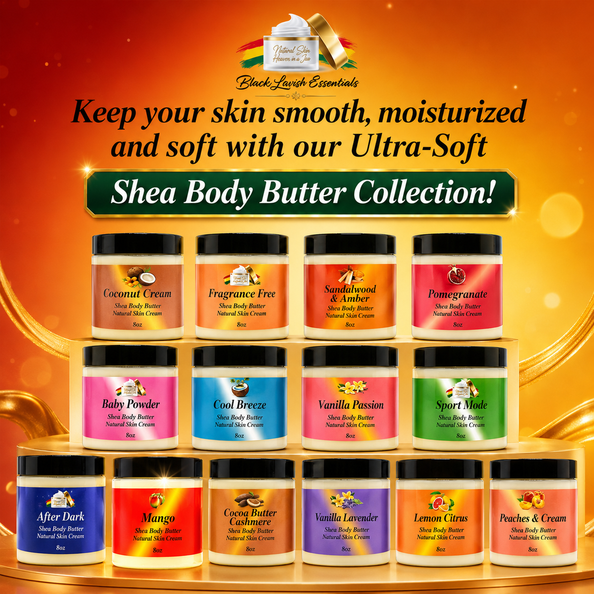 Shea body butter collection with various scents on an orange background