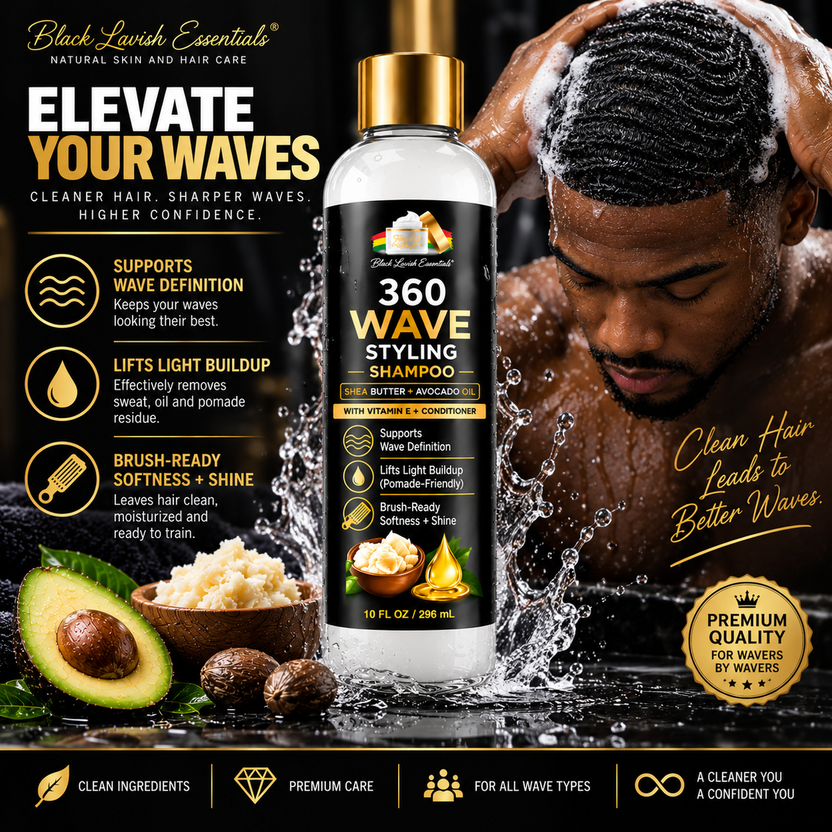 360 Wave Shampoo | Moisturizing Wave Shampoo for Men | Shea Butter, Avocado Oil & Vitamin E | 10oz