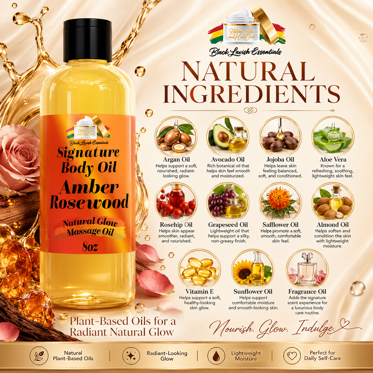 BLE Signature Body Oil<br><br>Intensify Your Natural Glow <br> Dry Skin Body Oil for Deep Hydration, Illustrious Shine, & All-Day Moisture<br><br>8oz Bottle