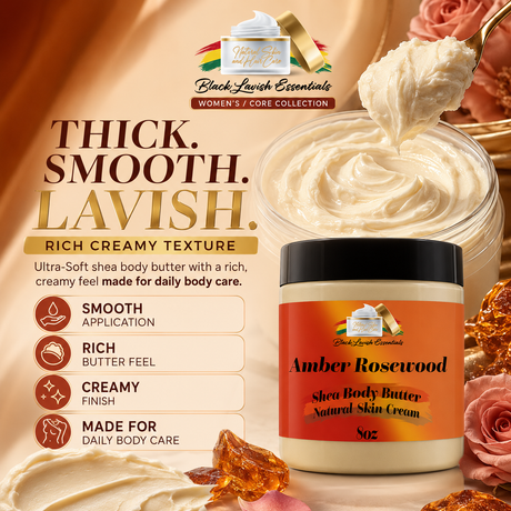 Shea body butter jar with branding and product details on a decorative background