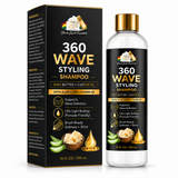 Black and gold 360 Wave Styling Shampoo bottle next to its retail box by Black Lace Essentials, featuring aloe vera and castor oil illustrations on a white background.