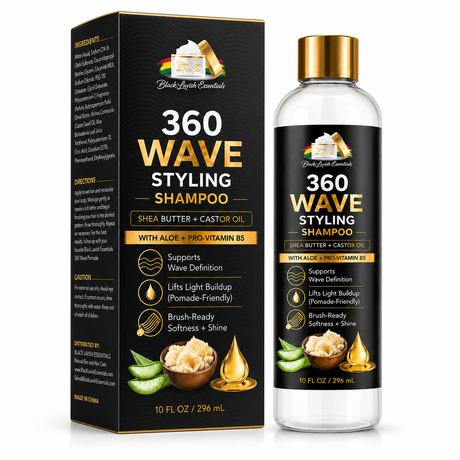Black and gold 360 Wave Styling Shampoo bottle next to its retail box by Black Lace Essentials, featuring aloe vera and castor oil illustrations on a white background.